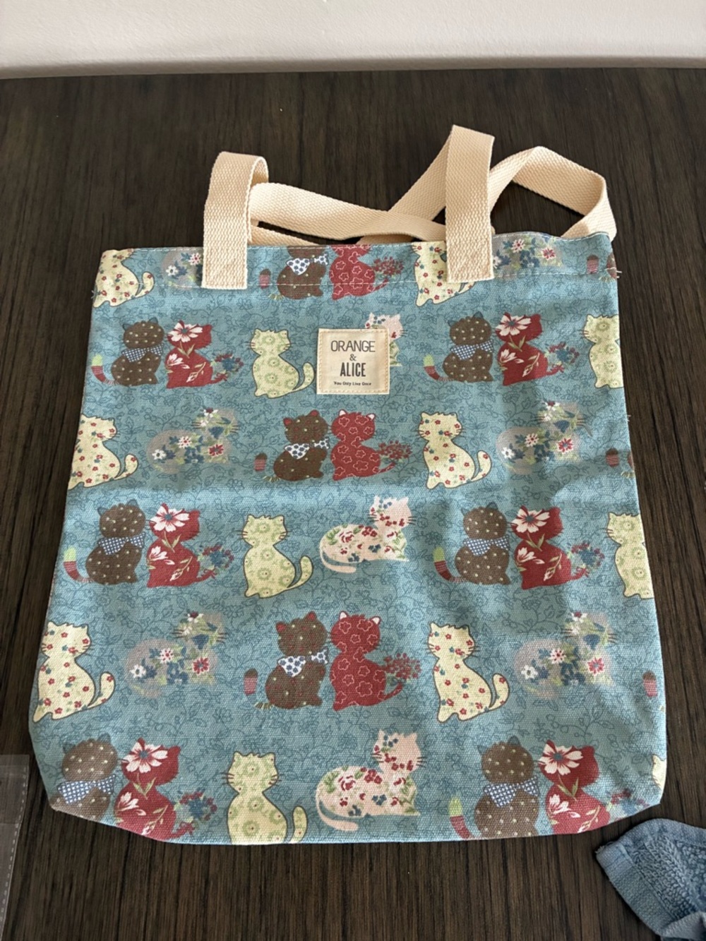 Orange & Alice Blue Cat-Print Canvas Tote